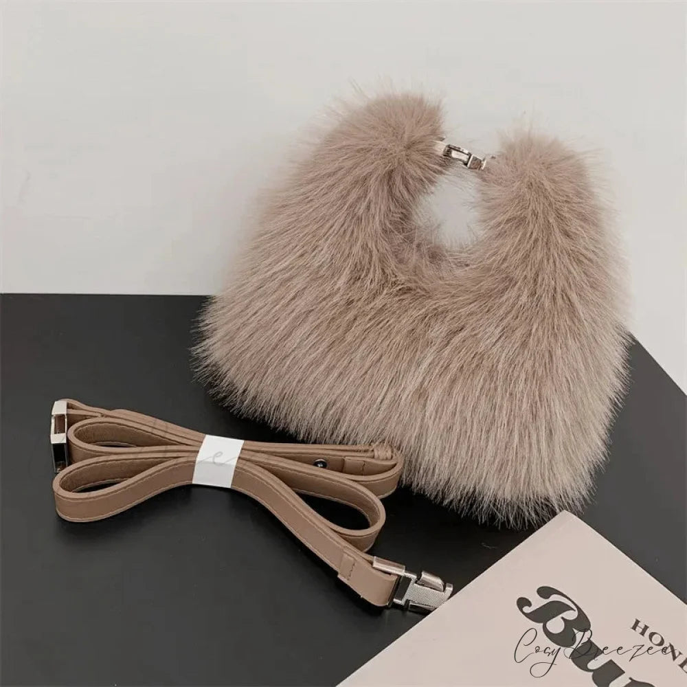 Luxury Faux Fur Evening Crossbody Clutch Handbag Brown handbag-250126