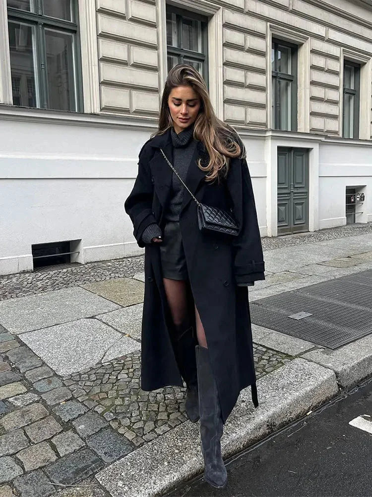 Luxury Fur Splicing Leather Oversized Coat Black / S overcoats-241228