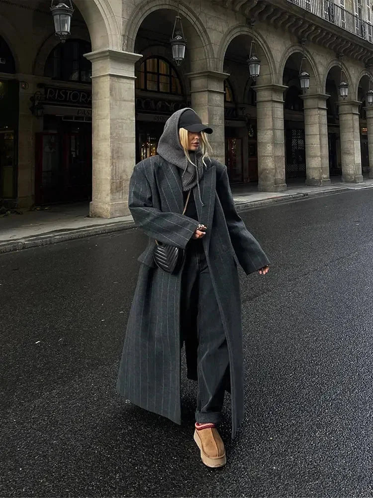 Luxury Fur Splicing Leather Oversized Coat Dark gray / S overcoats-241228