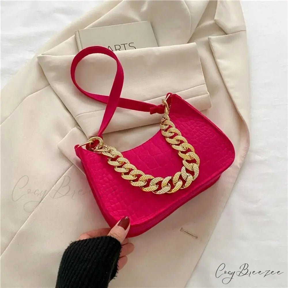 Luxury Metal Chain Shoulder Handbag Elegant Clutch Rose Red handbag-250126