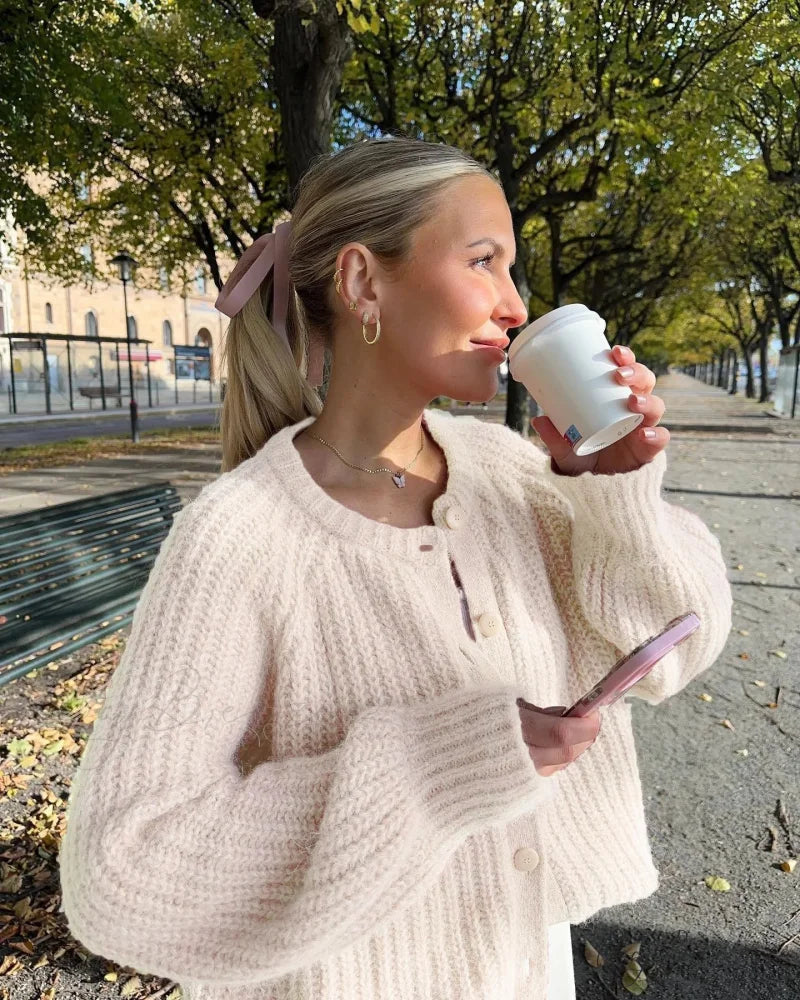 Luxury Plain Loose Oversize Knit Cardigan Beige / S cardigans-241228