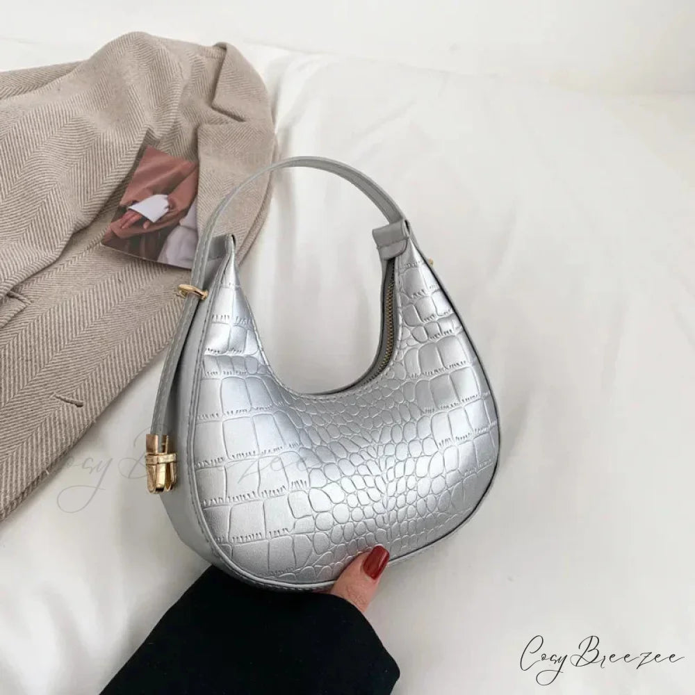 Luxury PU Leather Small Clutch Silver-Alligator shoulder-250126