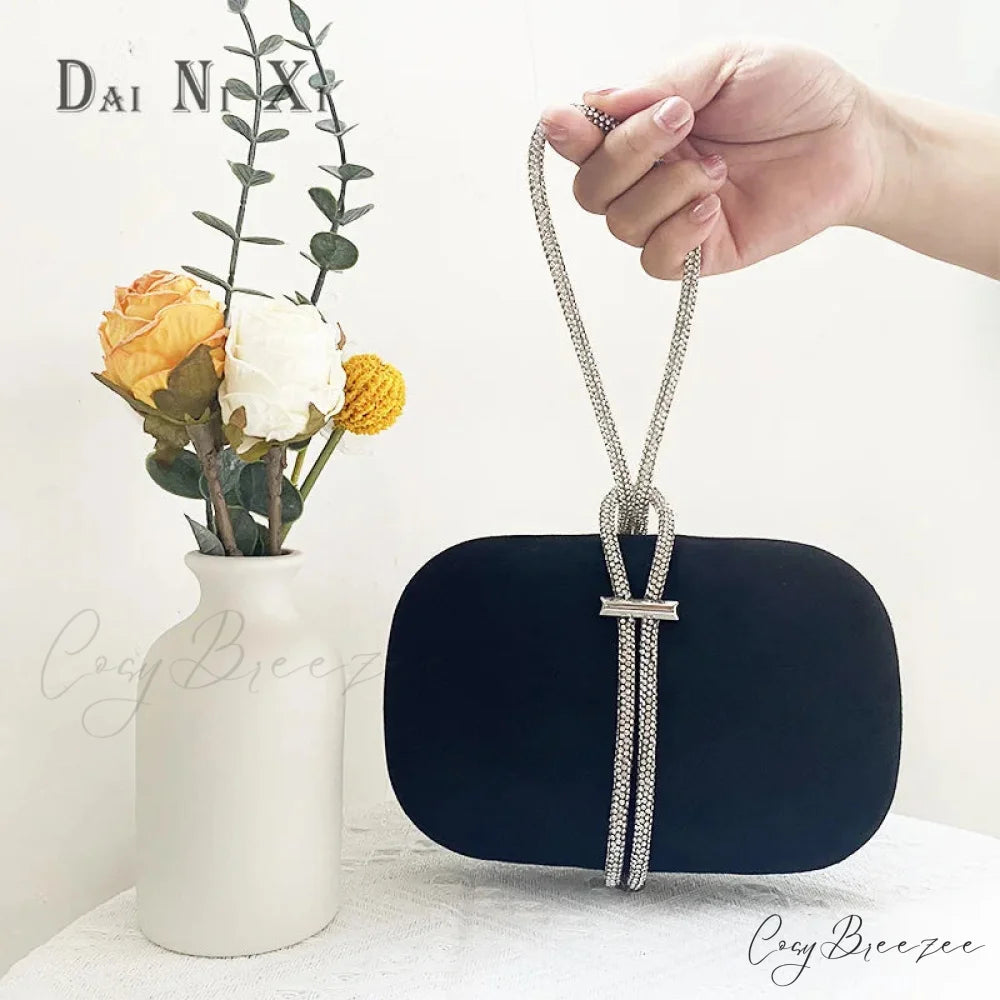 Luxury Red Velvet Crystal Handle Evening Wedding Tote Handbag Black clutchbag-250126