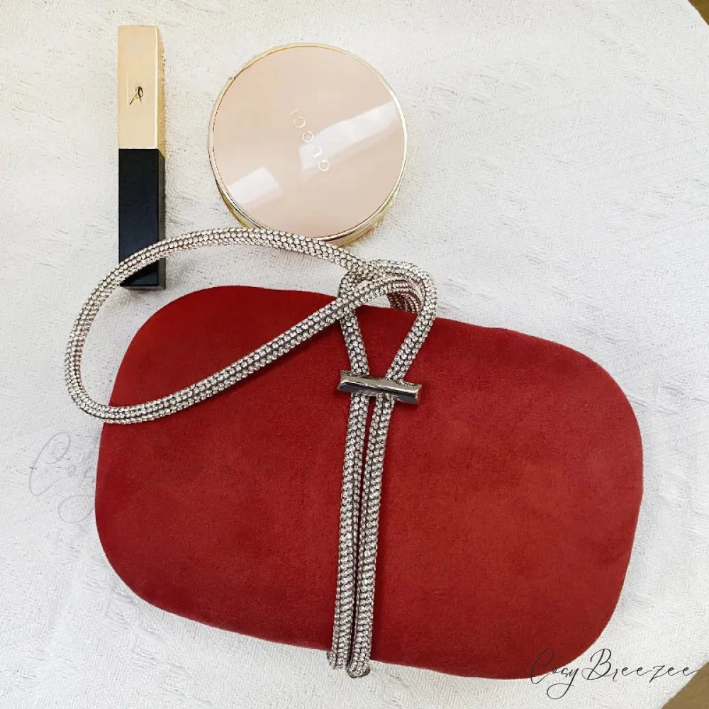 Luxury Red Velvet Crystal Handle Evening Wedding Tote Handbag clutchbag-250126