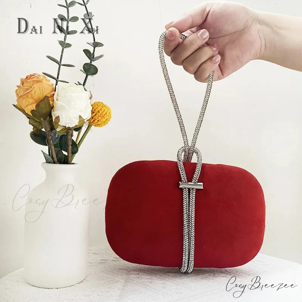 Luxury Red Velvet Crystal Handle Evening Wedding Tote Handbag Wine red clutchbag-250126