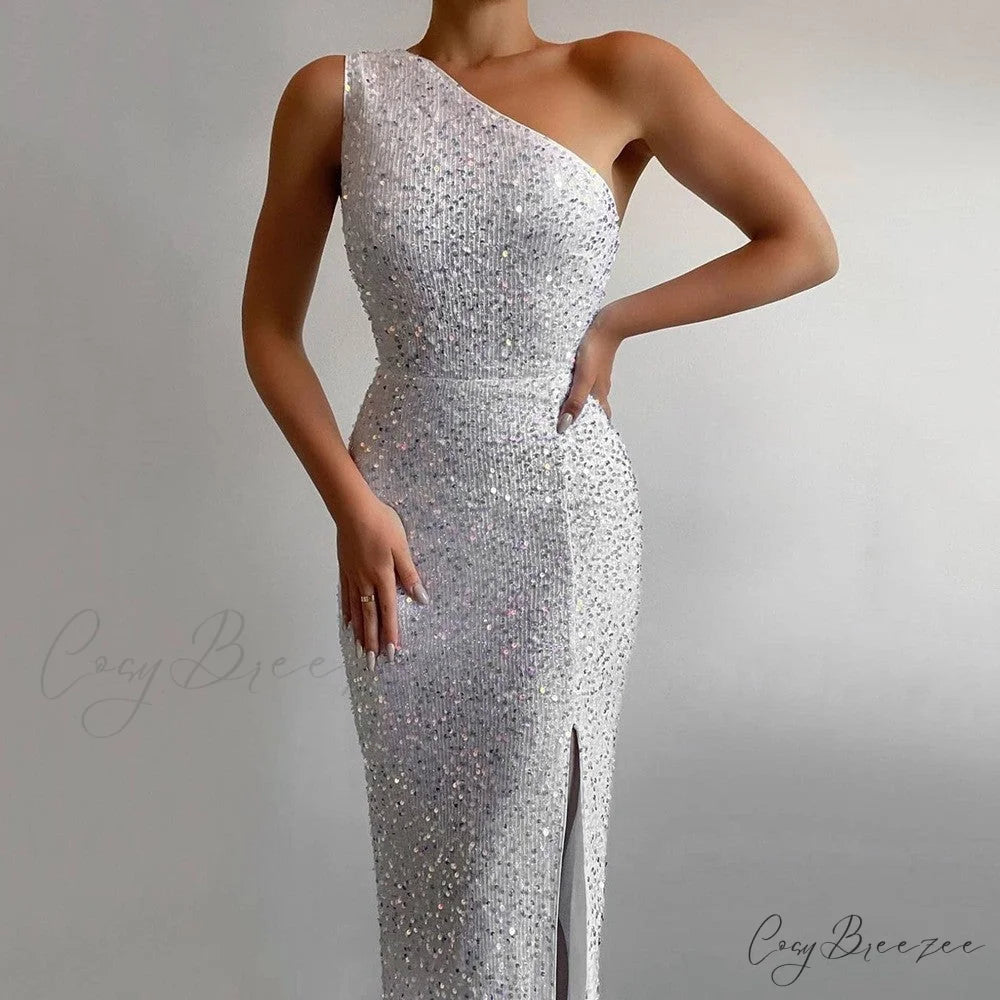 Lyla Formal One Charming Shoulder Sequin Dress WHITE / S