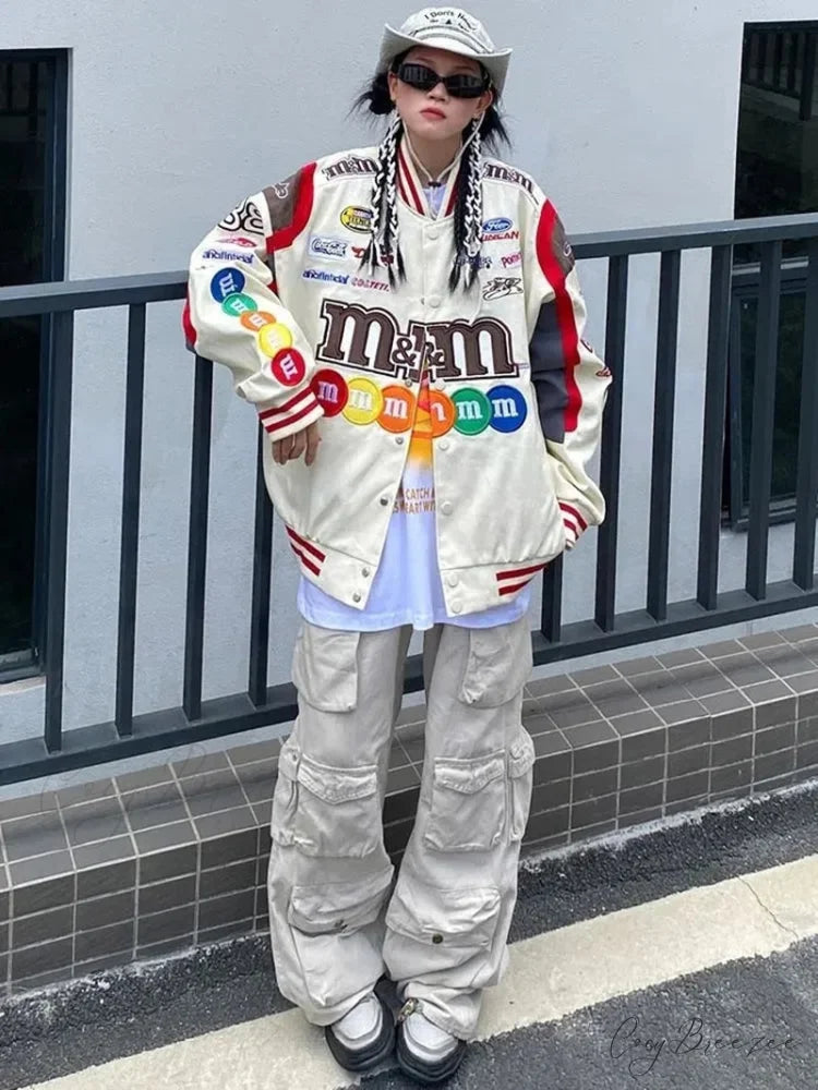 M&M Graphic Stylish Embroidered Bomber Jacket Beige / S