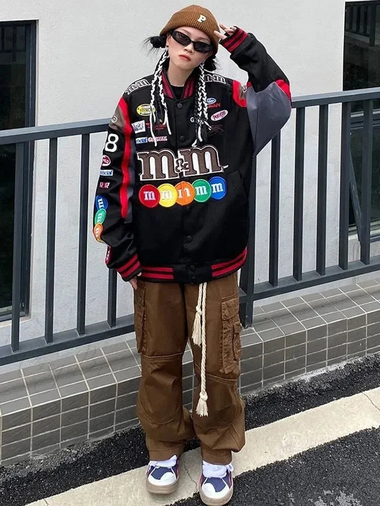 M&M Graphic Stylish Embroidered Bomber Jacket Black / S
