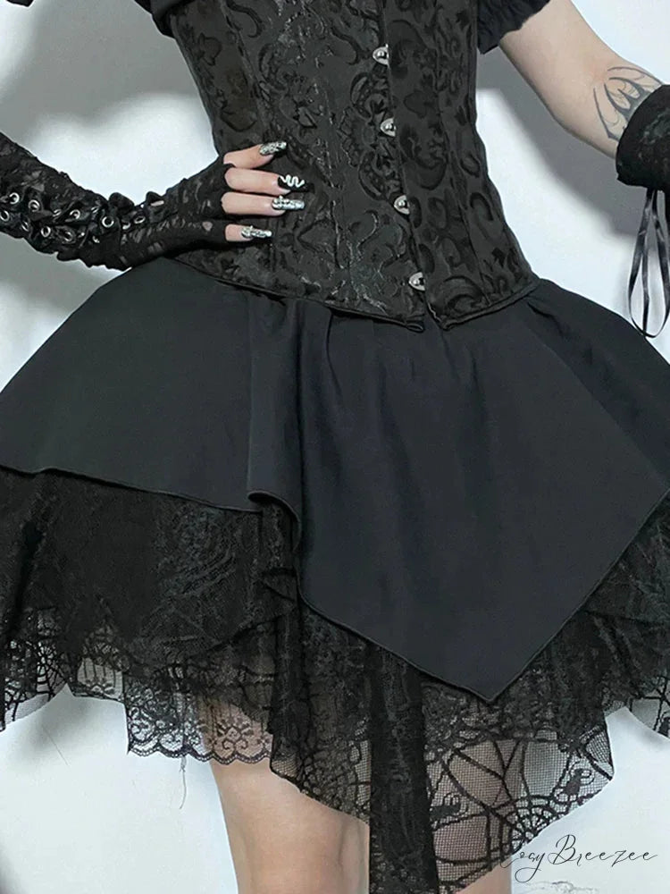 Mall Goth Mesh Black Women Lace Splice Ball Gown Aesthetic High Waist E Girl Skirt Black / S