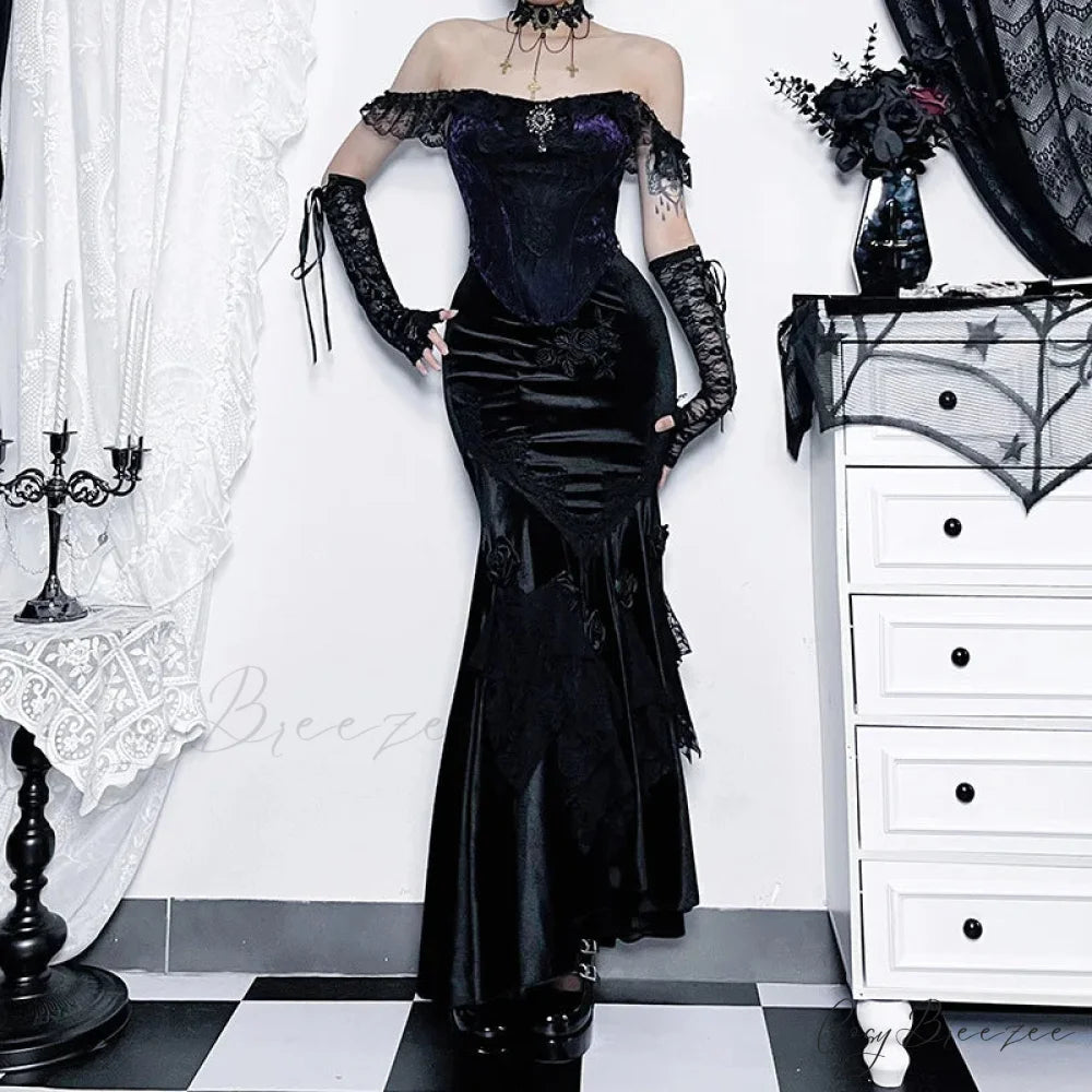 Mall Goth Velvet Fishtail Women Vintage Jacquard Hip Wrap Fairy Grunge Victorian Ladies SteamLong Skirt