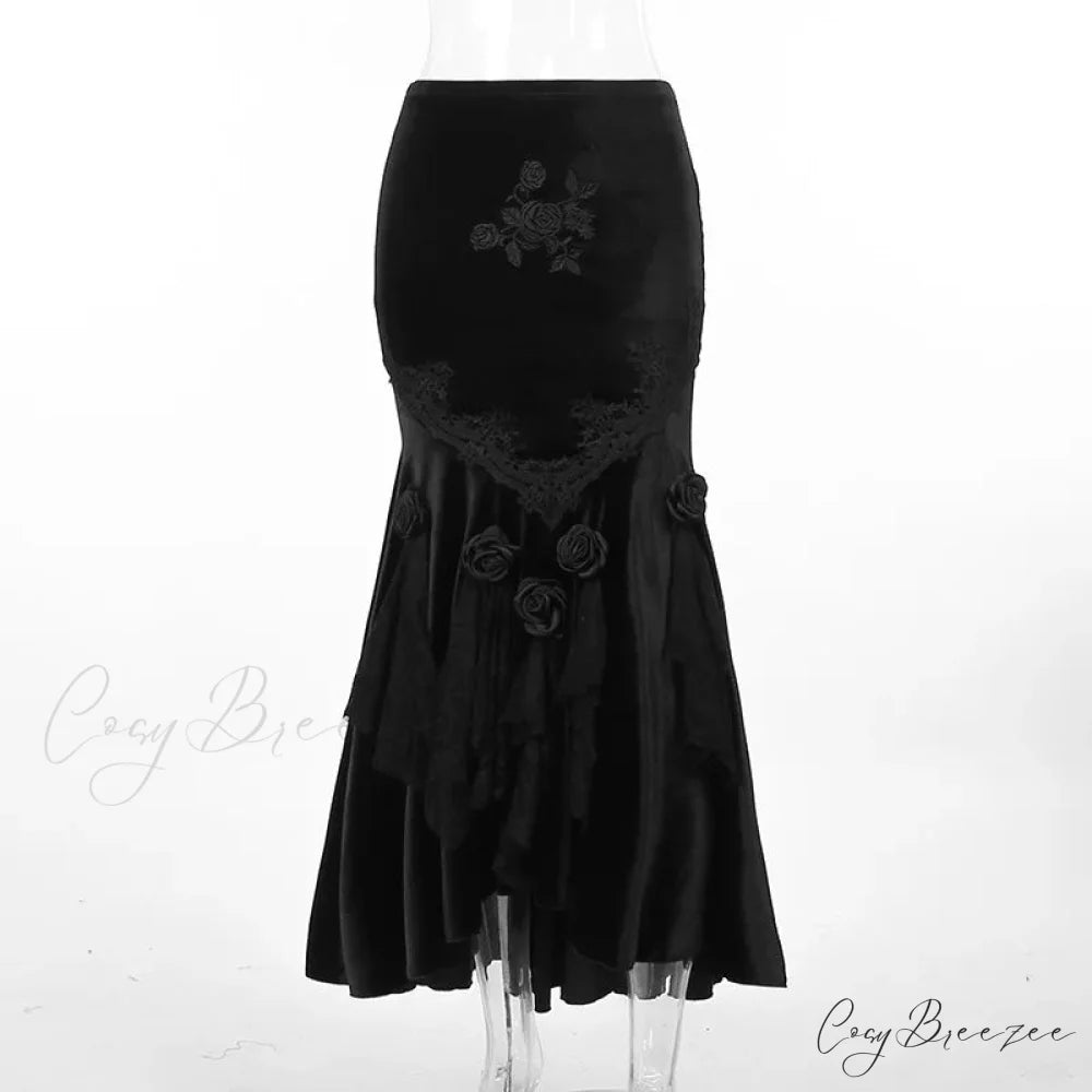 Mall Goth Velvet Fishtail Women Vintage Jacquard Hip Wrap Fairy Grunge Victorian Ladies SteamLong Skirt Black / S