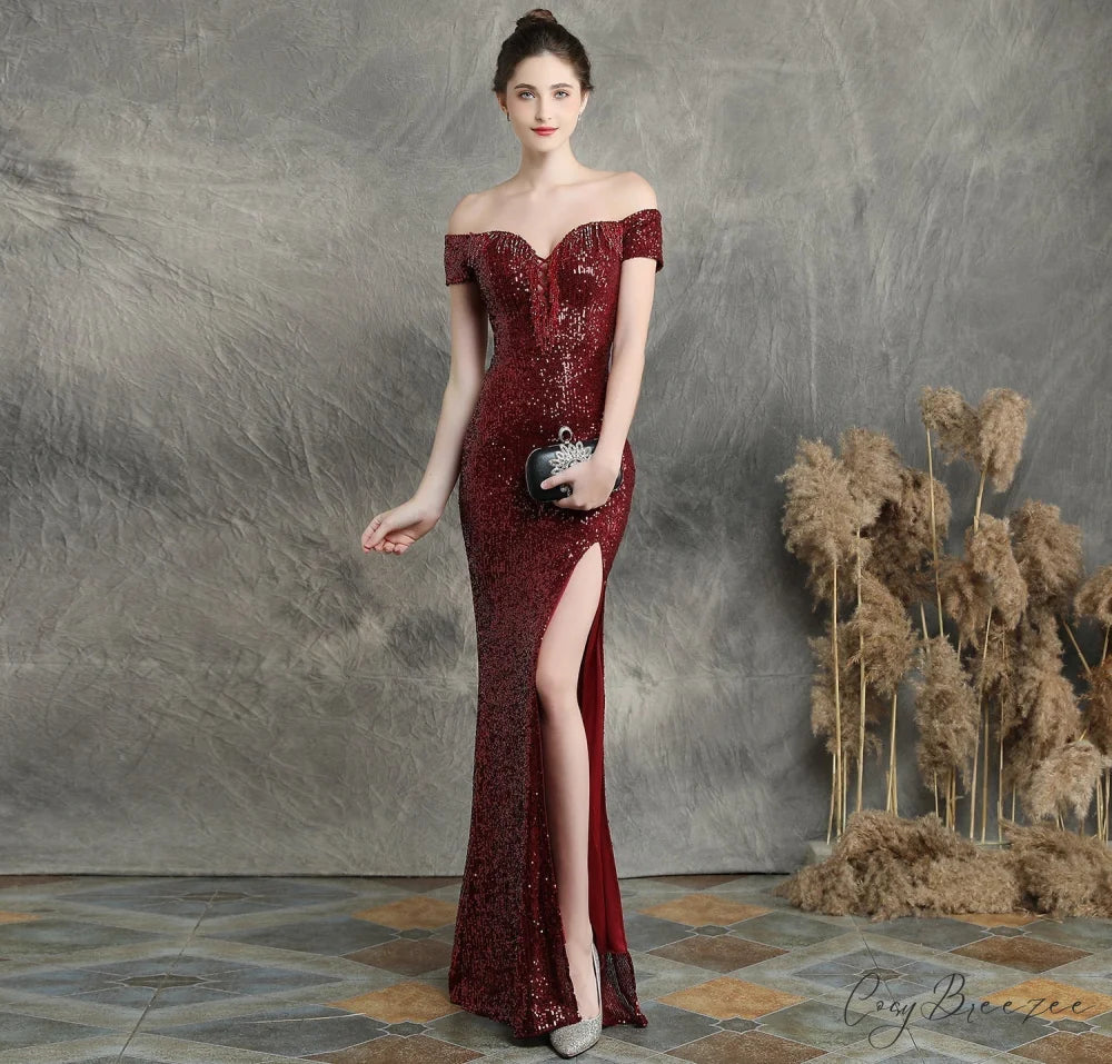 Marzia Formal Stylish Sequined Slit Dress BURGUNDY / XS