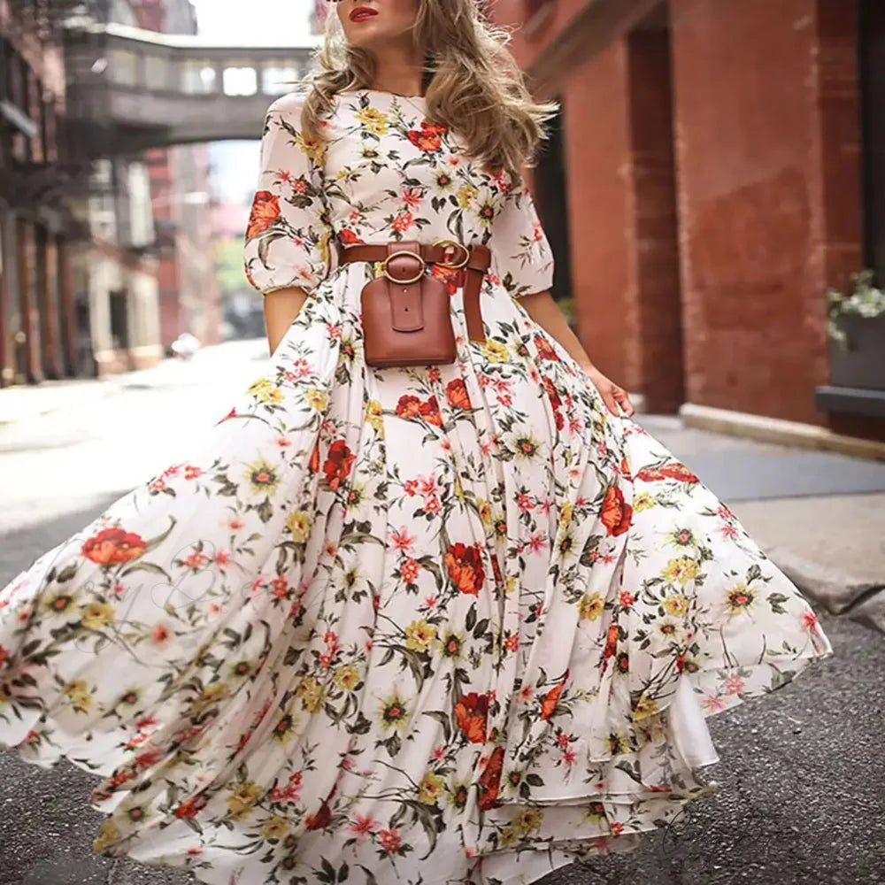 Maxi Dress Flower Print Pleated Swing Evening Dress floraldress-250126