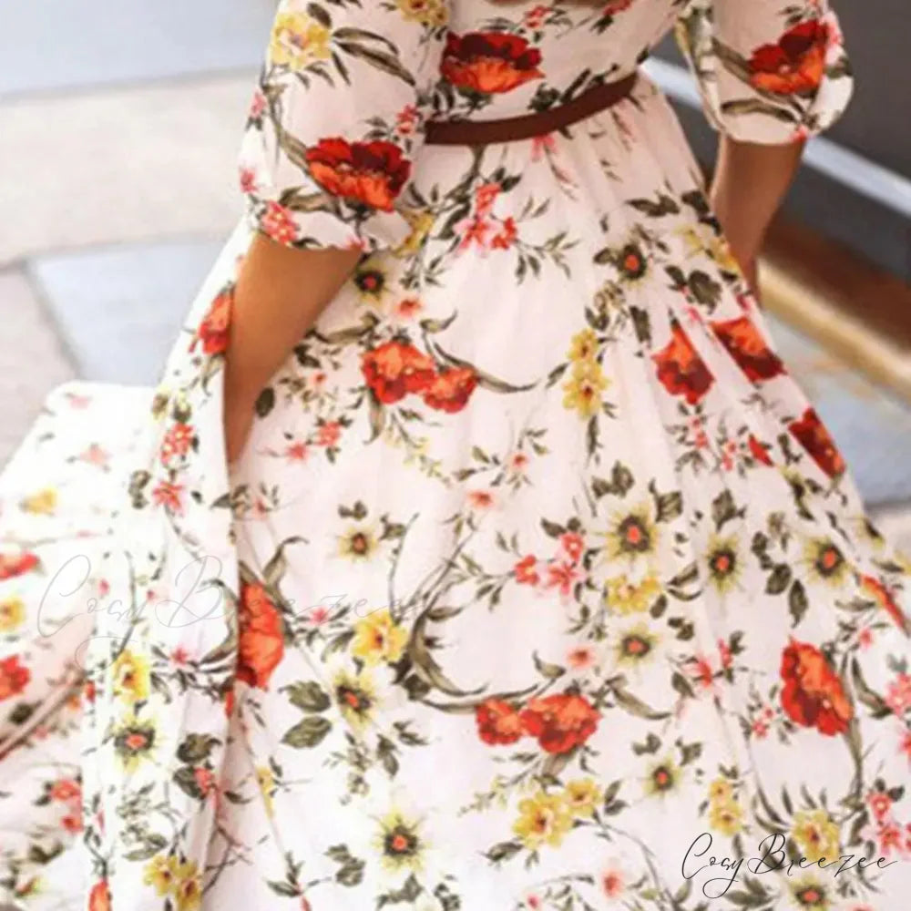 Maxi Dress Flower Print Pleated Swing Evening Dress floraldress-250126
