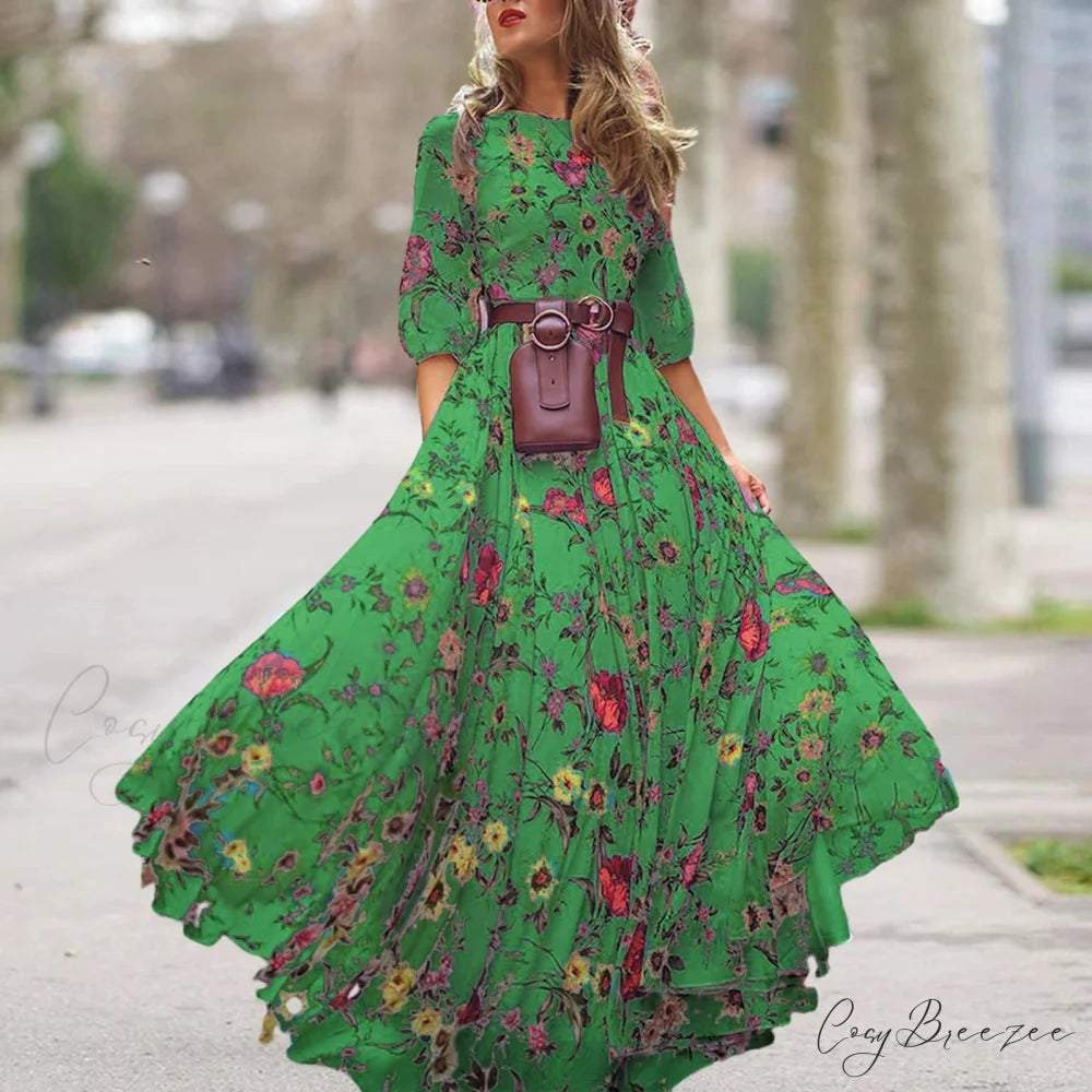 Maxi Dress Flower Print Pleated Swing Evening Dress Green / S floraldress-250126