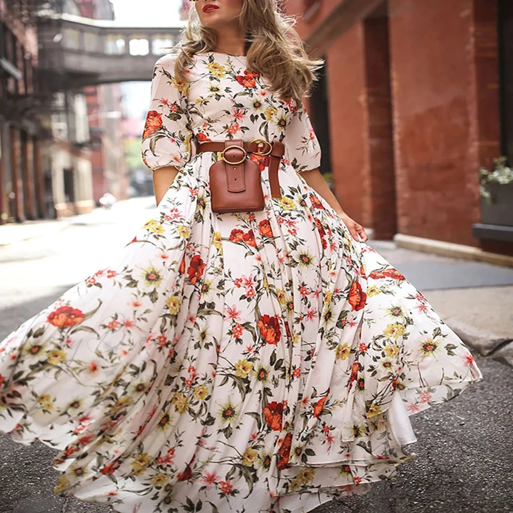 Maxi Dress Flower Print Pleated Swing Evening Dress White / S floraldress-250126