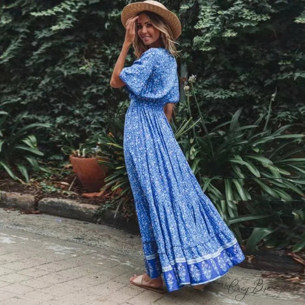 Maxi Dresses for Women Cotton Rayon Blue Floral Print Deep V-neck Boho Summer Dress bohodress-250126