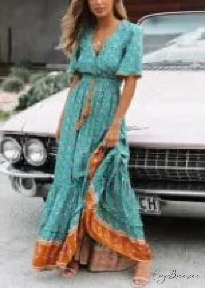 Maxi Dresses for Women Cotton Rayon Blue Floral Print Deep V-neck Boho Summer Dress Turquoise / S bohodress-250126