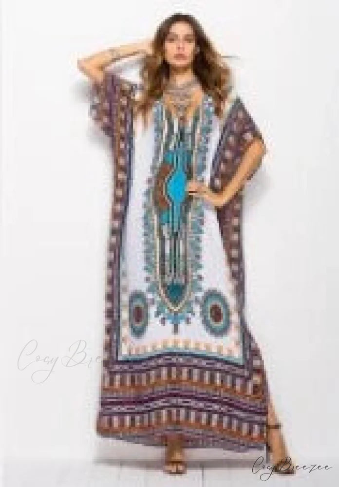 Maxi Kaftan Dress Rayon Ethnic Floral Print Beach Sundress Beige / One Size bohodress-250126