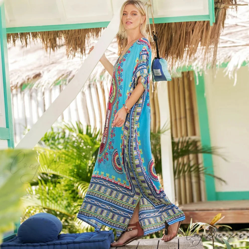 Maxi Kaftan Dress Rayon Ethnic Floral Print Beach Sundress bohodress-250126