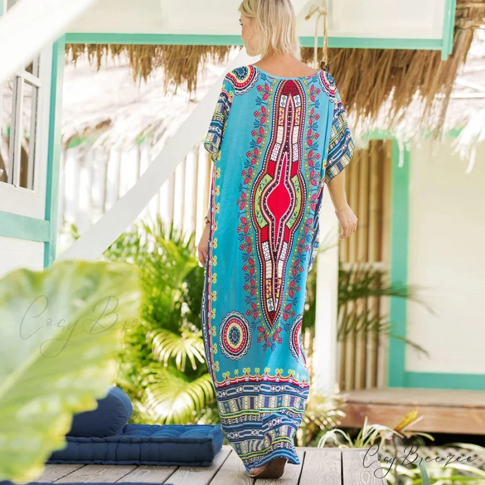 Maxi Kaftan Dress Rayon Ethnic Floral Print Beach Sundress bohodress-250126