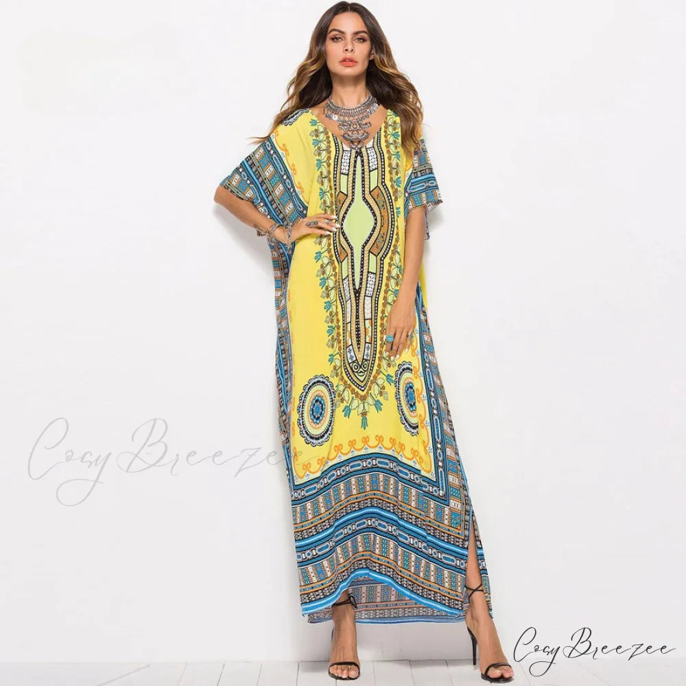 Maxi Kaftan Dress Rayon Ethnic Floral Print Beach Sundress bohodress-250126