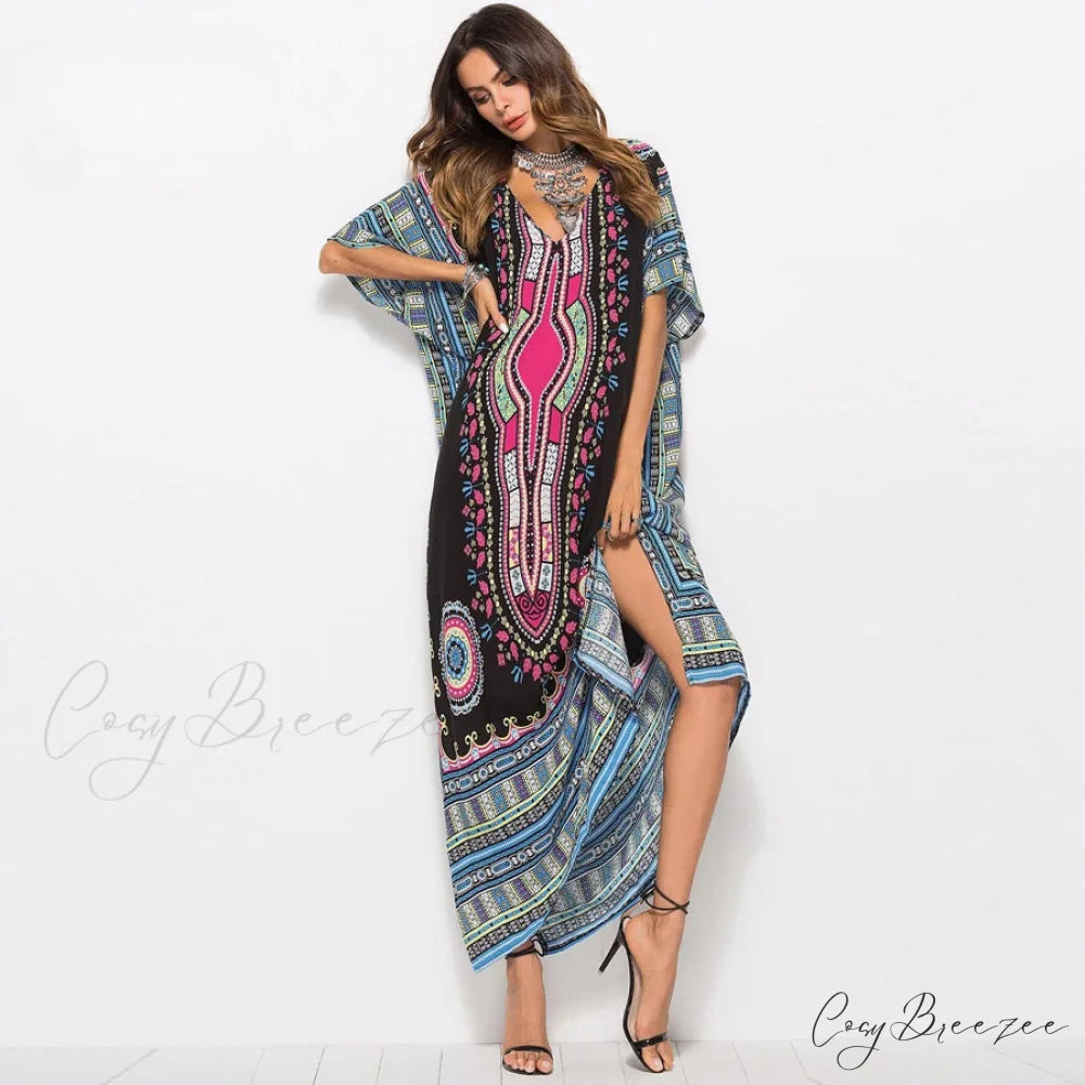 Maxi Kaftan Dress Rayon Ethnic Floral Print Beach Sundress bohodress-250126