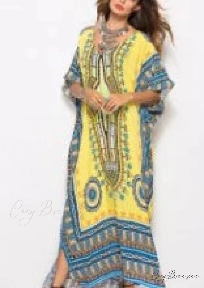 Maxi Kaftan Dress Rayon Ethnic Floral Print Beach Sundress Gold / One Size bohodress-250126