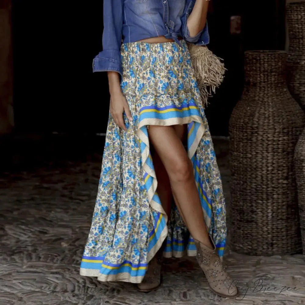Maxi Skirt High Waist Irregular Hem Flower Print Bohemian skirt-250126