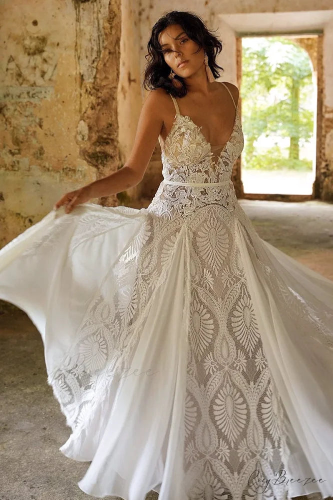 Meadow Backless Boho Trendy Lace A-line Wedding Dress Ivory / 2