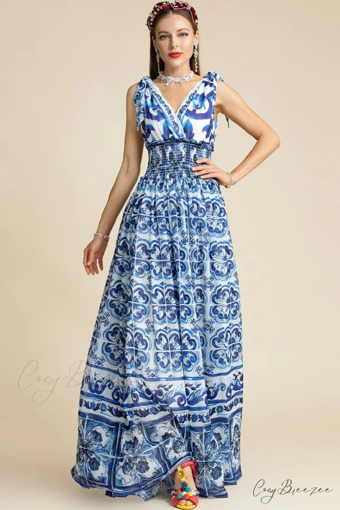Mediterraneo Long Majolica Trendy Print Maxi Dress