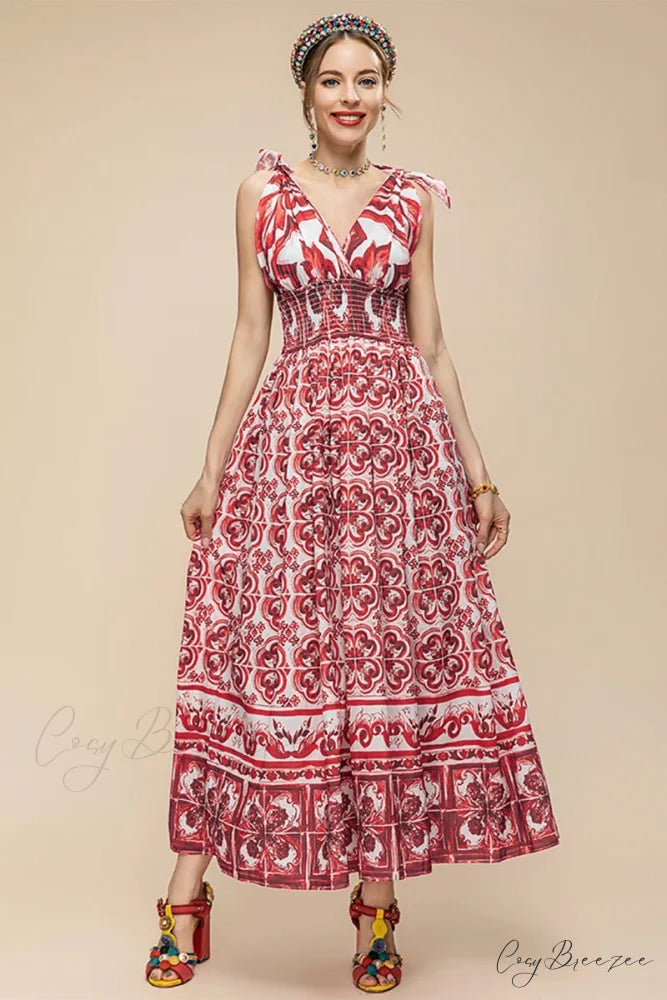 Mediterraneo Long Majolica Trendy Print Maxi Dress Claret / S