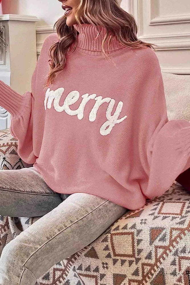 Merry Dolman Sleeve Turtleneck Knitted Sweater Coral / S
