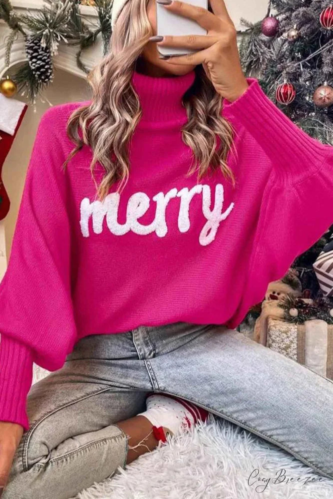Merry Dolman Sleeve Turtleneck Knitted Sweater Pink / S