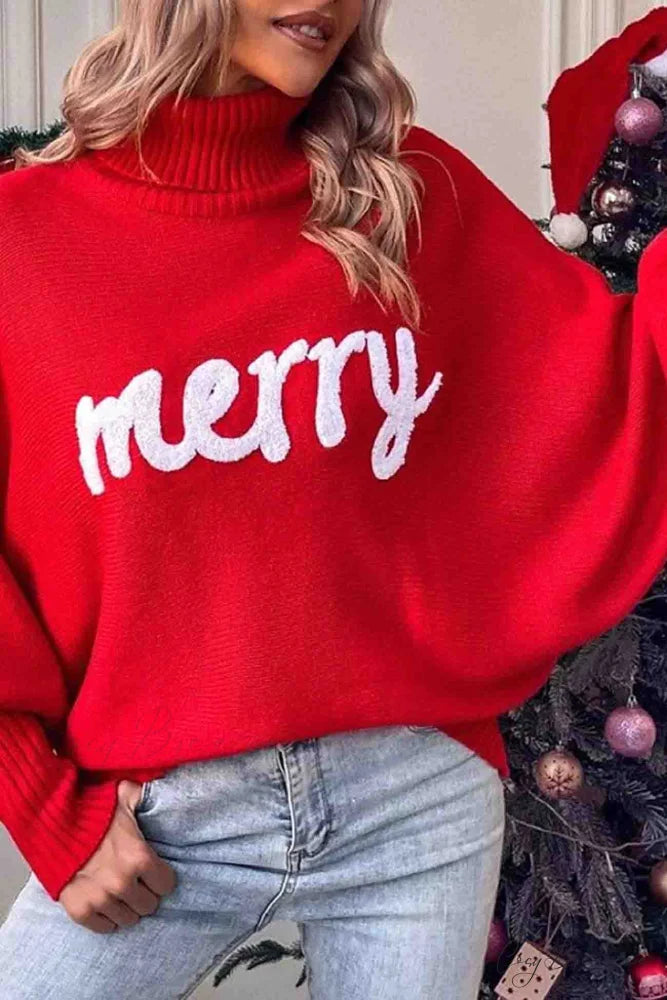 Merry Dolman Sleeve Turtleneck Knitted Sweater Red / M