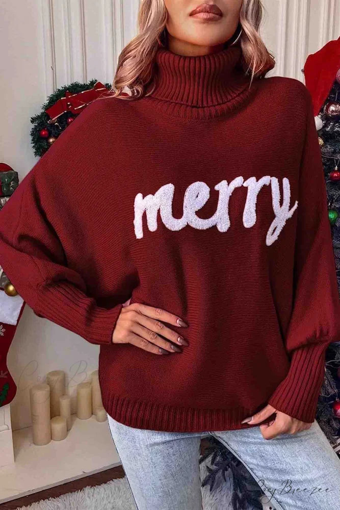 Merry Dolman Sleeve Turtleneck Knitted Sweater Wine Red / L