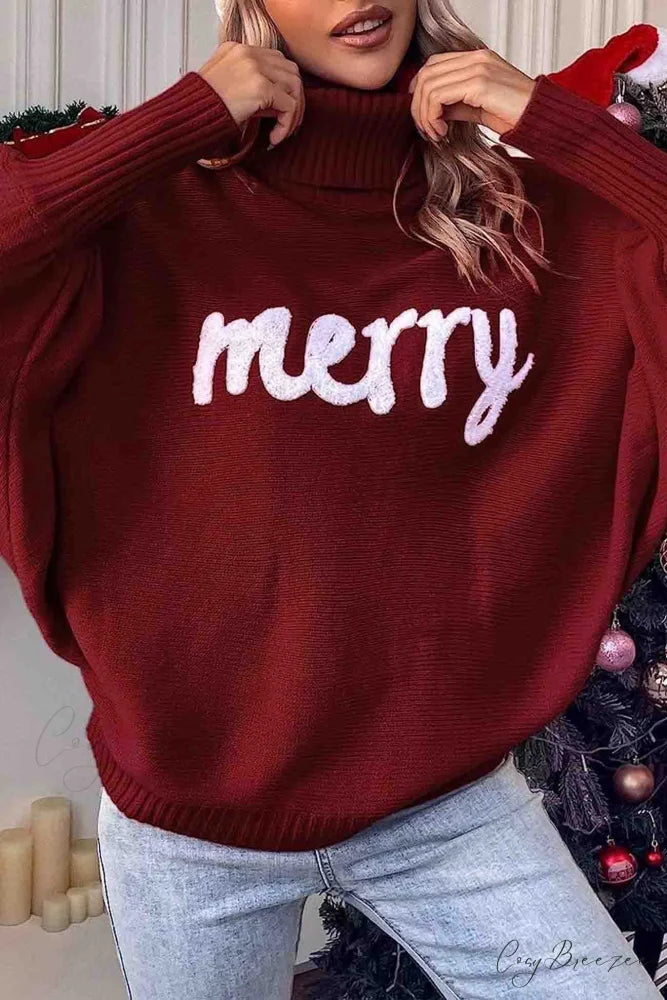 Merry Dolman Sleeve Turtleneck Knitted Sweater Wine Red / M