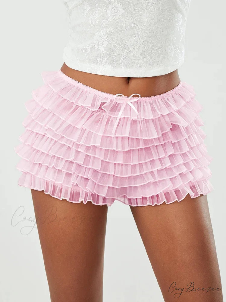 Mesh Bowknot Tiered Ruffle Shorts Pink / S short-250223