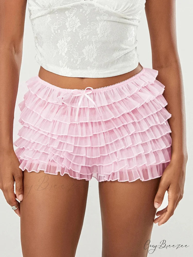 Mesh Bowknot Tiered Ruffle Shorts short-250223