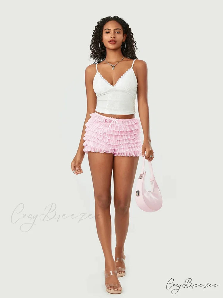Mesh Bowknot Tiered Ruffle Shorts short-250223