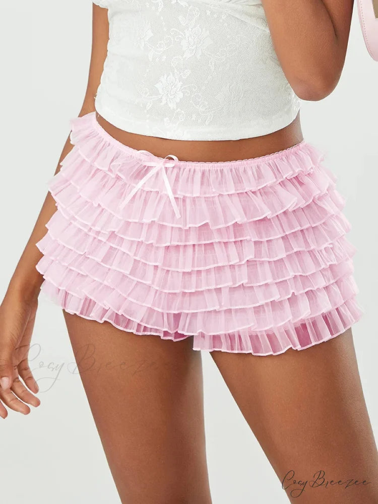 Mesh Bowknot Tiered Ruffle Shorts short-250223