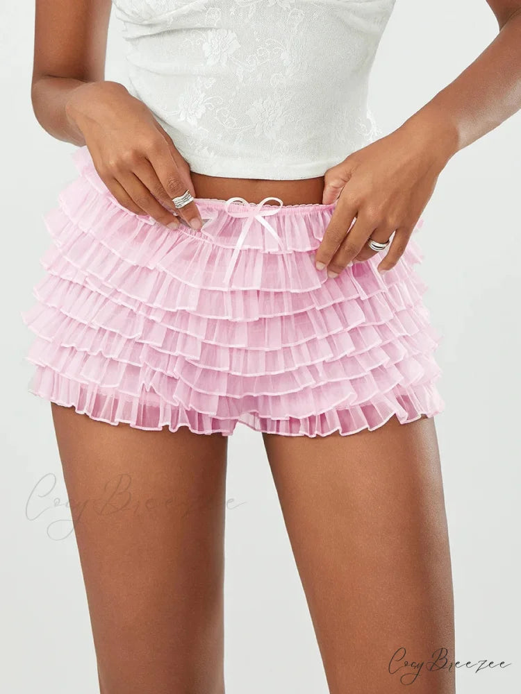 Mesh Bowknot Tiered Ruffle Shorts short-250223