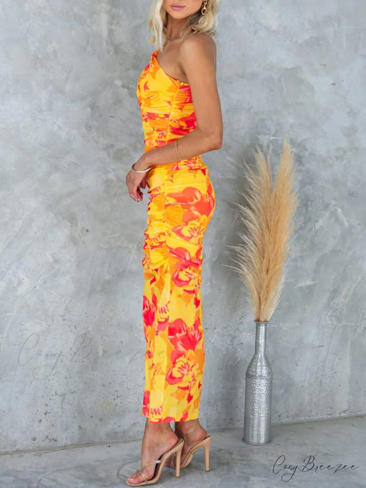 Mesh Overlay Printed One Graceful Shoulder Ruched Stretch Maxi Dress