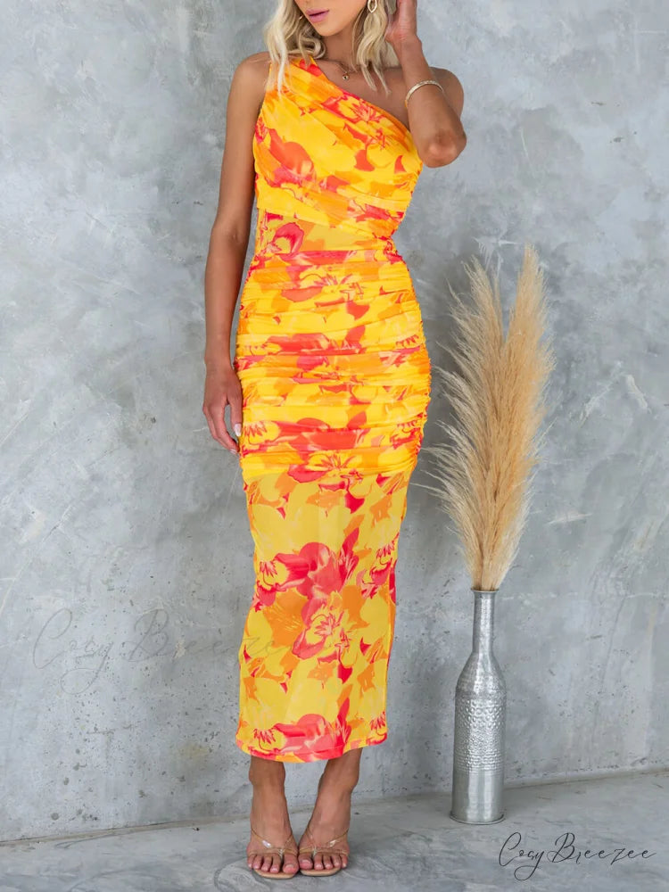 Mesh Overlay Printed One Graceful Shoulder Ruched Stretch Maxi Dress