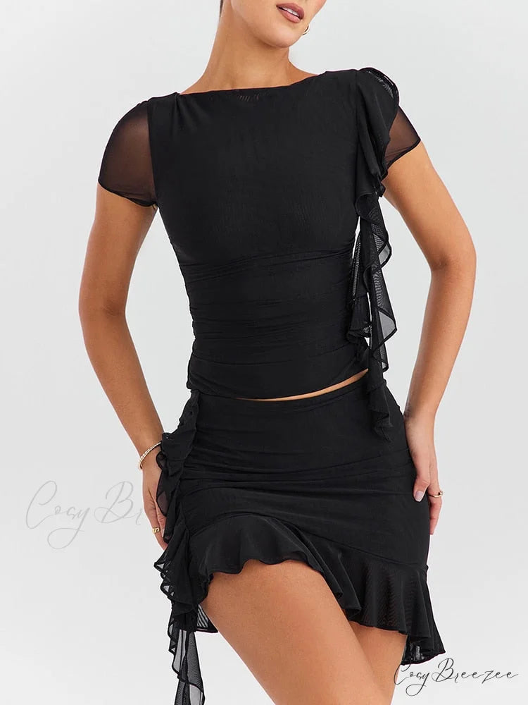 Mesh Ruffle Short Sleeve Graceful Top And Mini Skirt Set Black / S