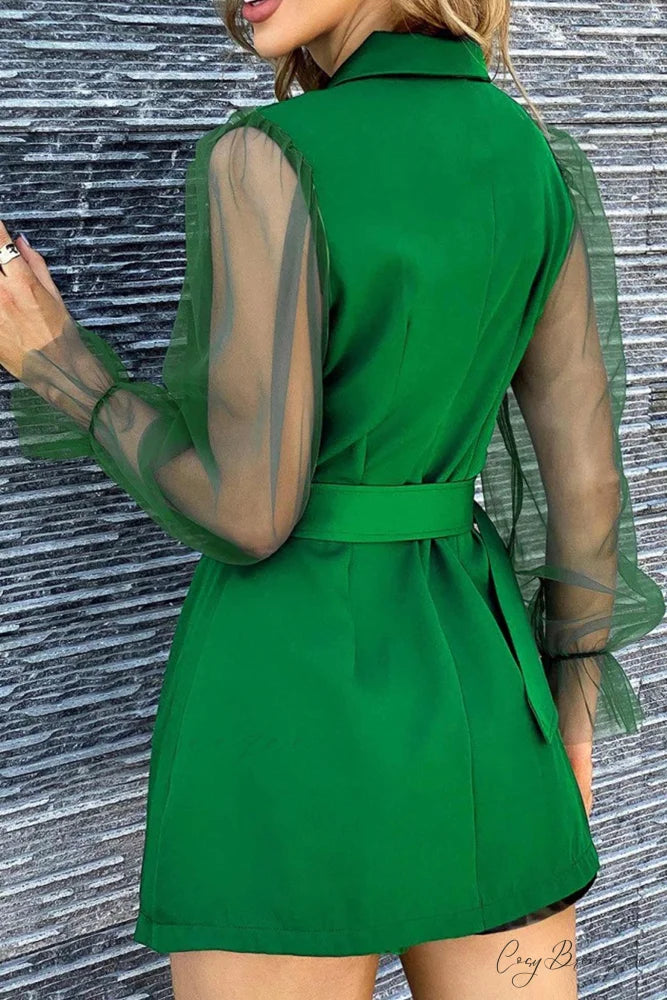 Mesh Sleeves Blazer Dress with Double-breasted Belt Green / L