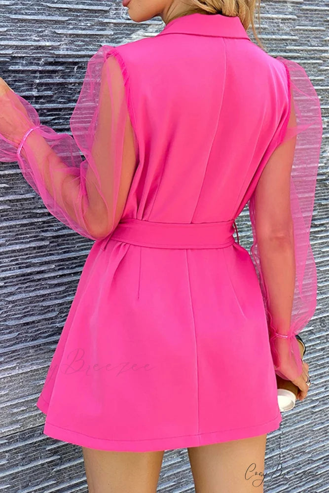 Mesh Sleeves Blazer Dress with Double-breasted Belt Rose / L