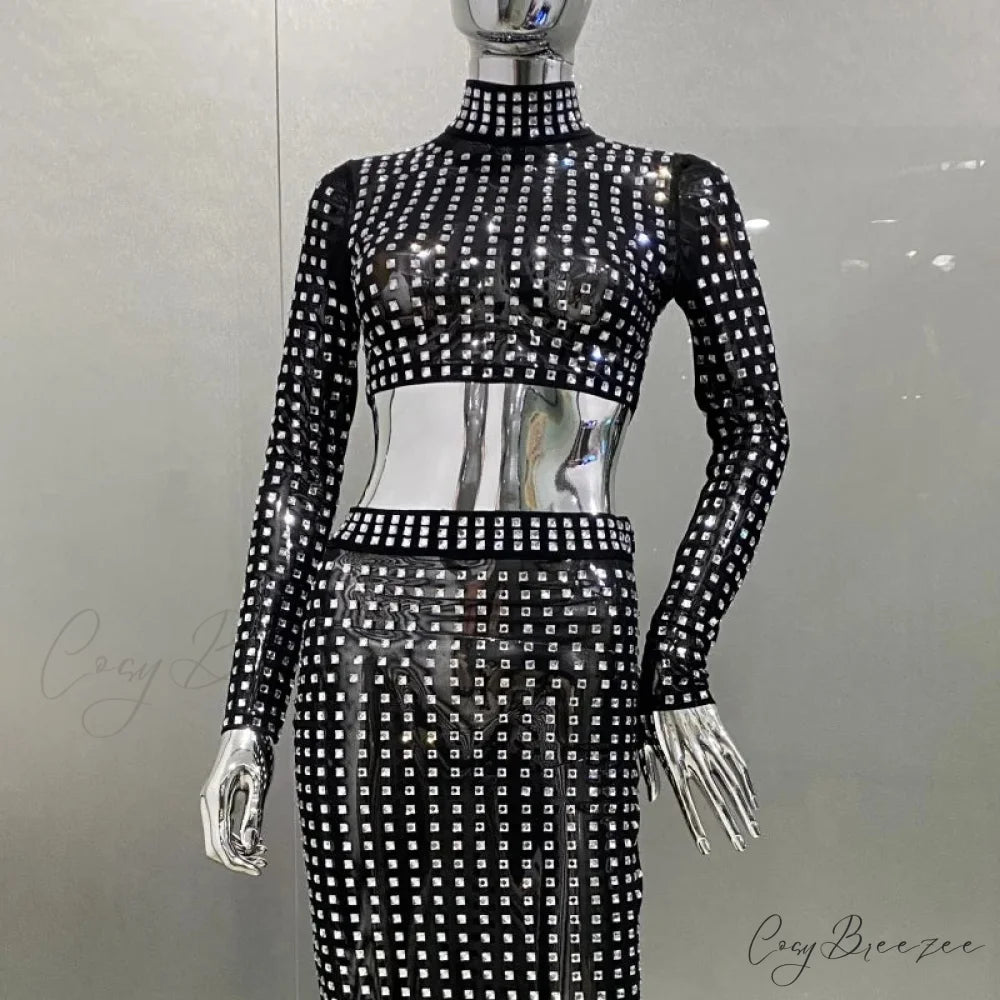 Mesh Top Skirt Sparkling Party Dress Black Top / S