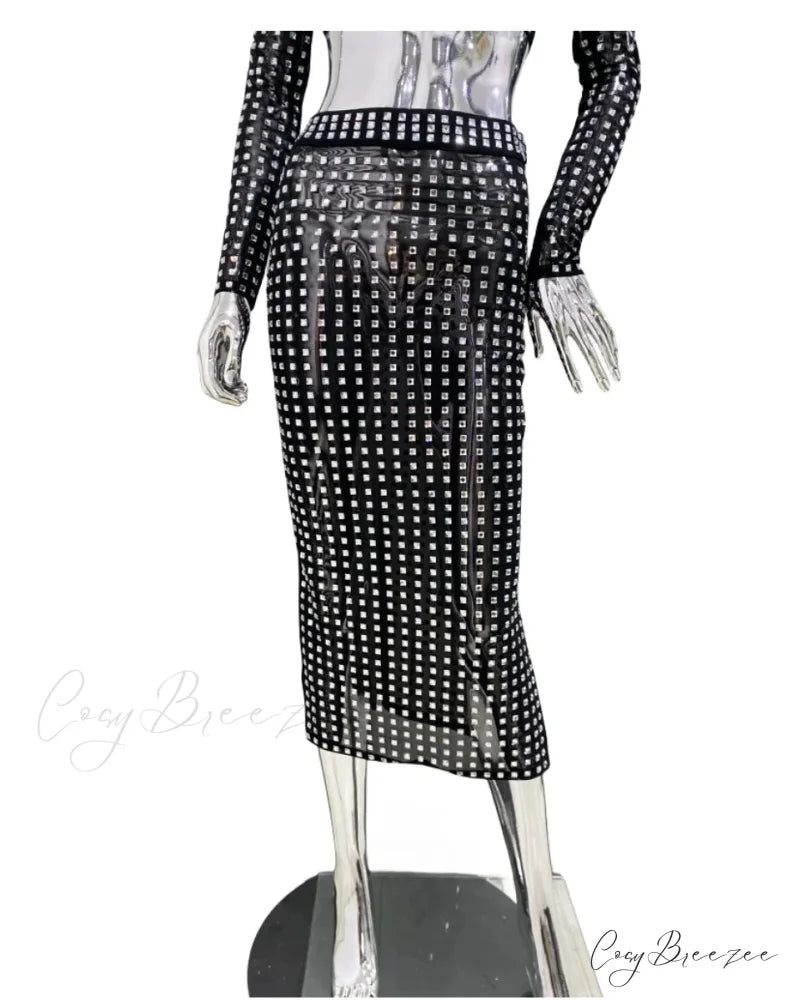 Mesh Top Skirt Sparkling Party Dress Black Skirt / S