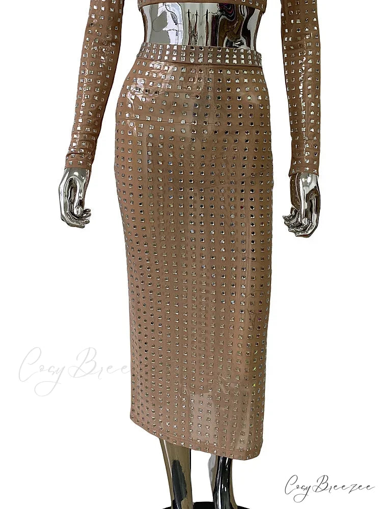 Mesh Top Skirt Sparkling Party Dress khaki Skirt / S